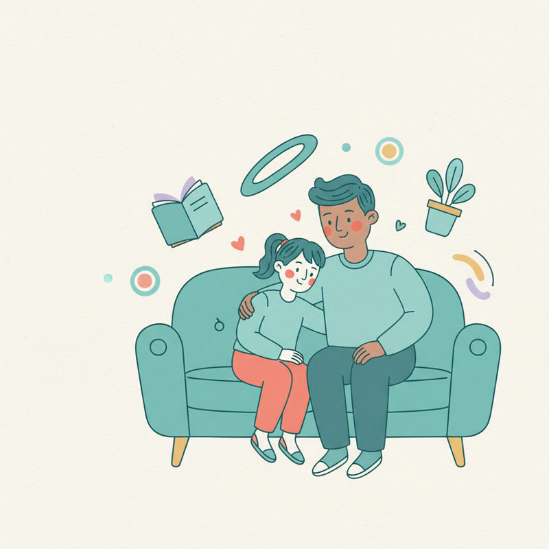 A parent and child sitting together on a couch, a warm and supportive scene